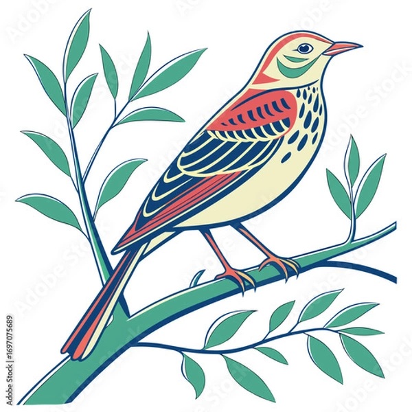 Fototapeta Bird with colorful plumage perched on a branch with leaves