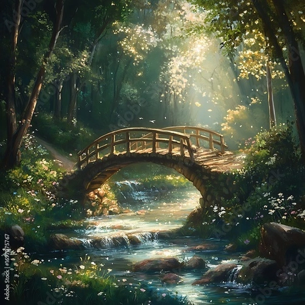 Fototapeta Enchanted woodland path with rustic bridge high resolution picture