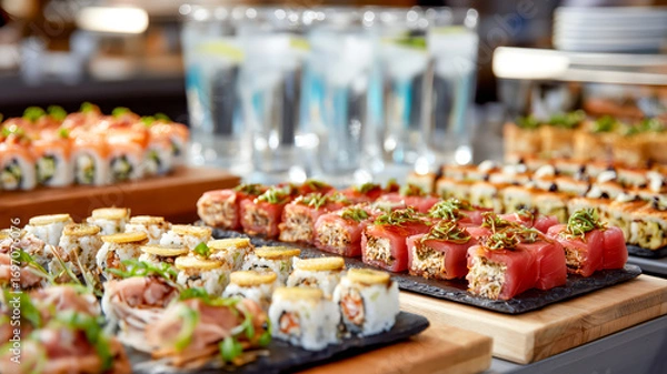 Fototapeta An enticing sushi display with various rolls, featuring vibrant colors and textures, promising a delightful culinary experience.
