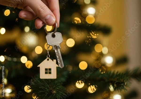 Fototapeta Home keys held in front of a Christmas tree