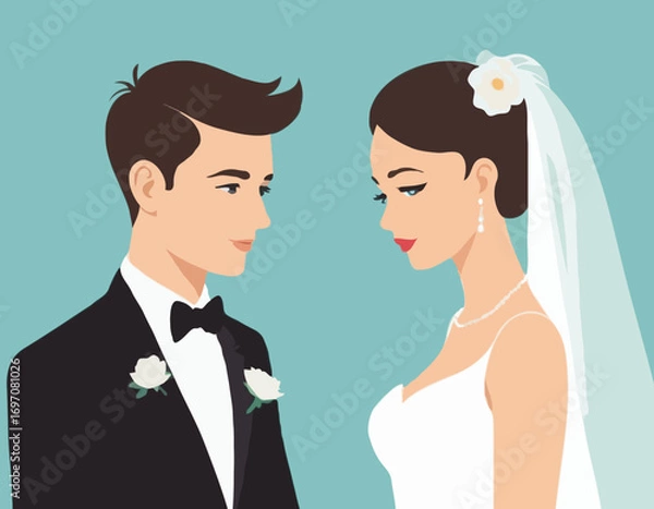 Obraz Bride and Groom Vector Illustration Set