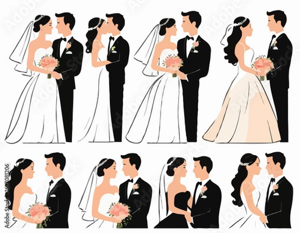 Obraz Bride and Groom Vector Illustration Set