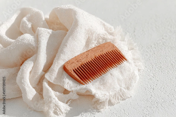 Obraz wooden comb rests gracefully on piece of soft linen fabric glistening with droplets of water