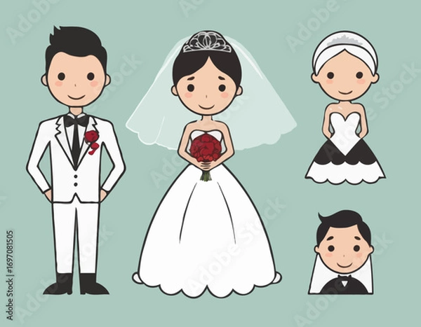 Obraz Bride and Groom Vector Illustration Set