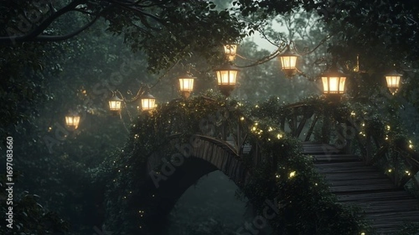 Fototapeta Fairy tale forest bridge with golden lights high resolution picture