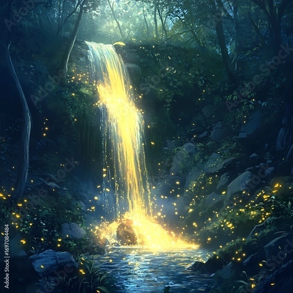 Fototapeta Fairy tale waterfall glowing with magic high resolution picture