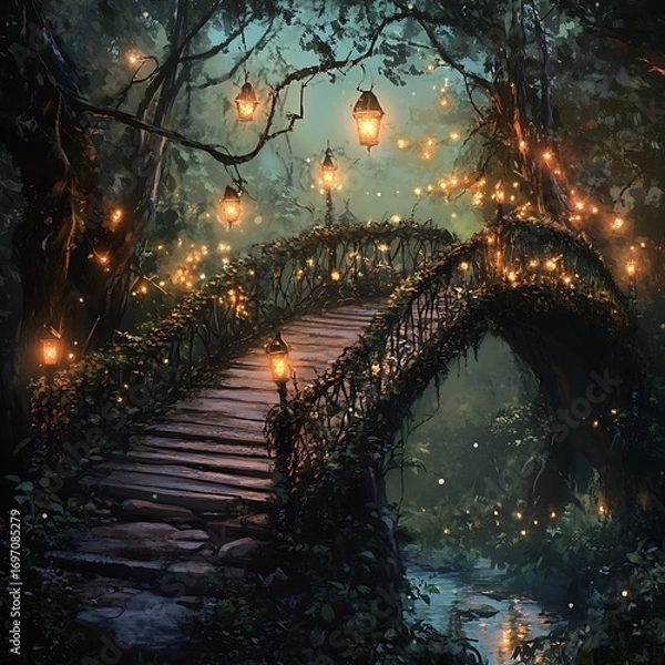 Fototapeta Fantasy forest bridge shining with warm lanterns high resolution picture