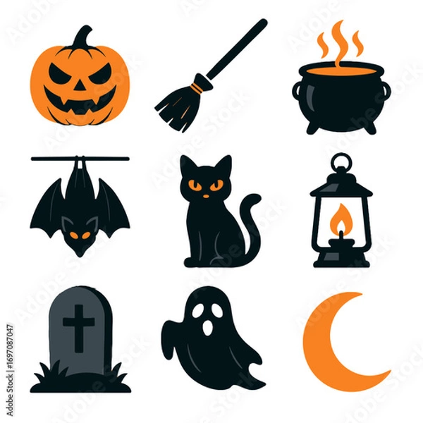 Fototapeta Silhouette set gravestone vector flame cauldron halloween moon bat cross ghostly icon