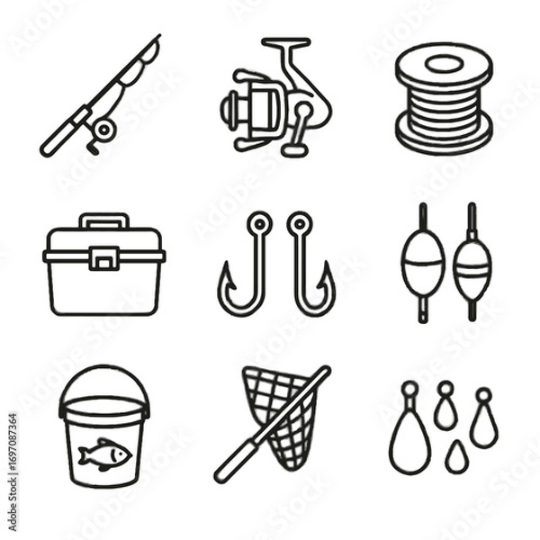 Fototapeta Bucket icon gear icons bait spinning fishing tackle bobbers vector reel net