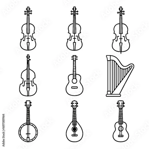 Fototapeta Vector violin mandolin double cello instruments bass ukulele string icons icon acoustic