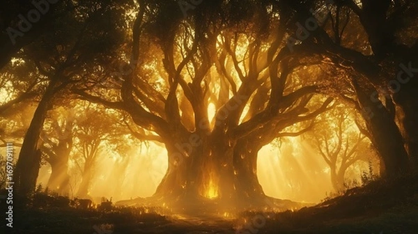 Fototapeta Fantasy woodland palace sparkling with warm lights high resolution picture