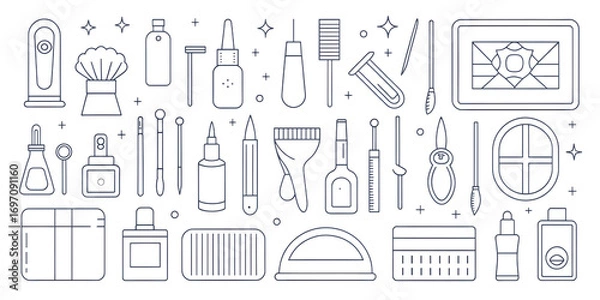 Obraz  Collection of cosmetic and beauty products in a flat design line art illustration, isolated on transparent background