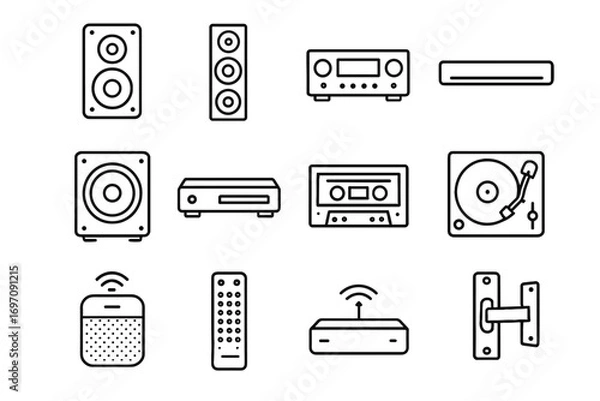 Fototapeta Receiver deck cd audio speaker icons home remote av turntable soundbar vector