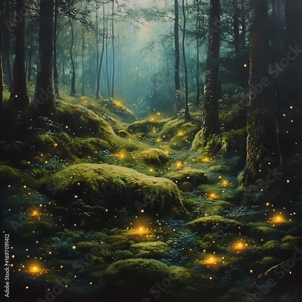 Fototapeta Fireflies illuminating mossy forest floor high resolution picture