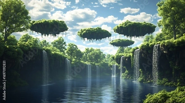 Fototapeta Floating forested cliffs with waterfalls high resolution picture