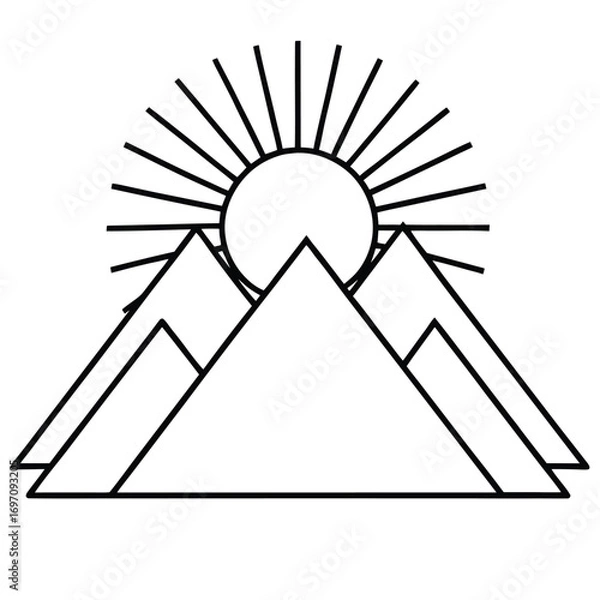Fototapeta Minimalist Outline of Mountains with a Rising Sun and Sunbeams sunrise rays