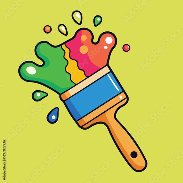 Fototapeta Paintbrush Dripping Green Yellow and Red Paint on a Yellow Background splash colorful