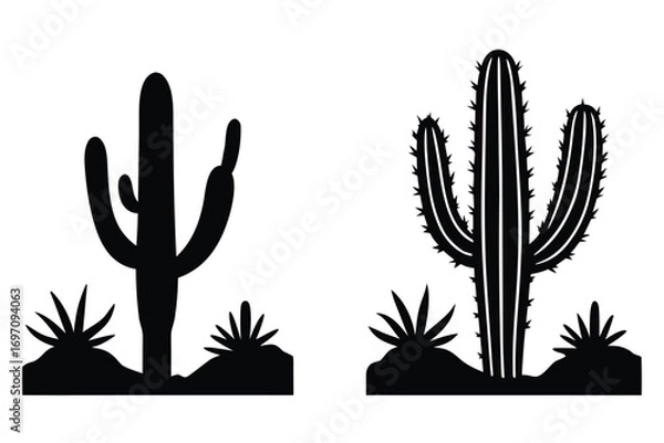 Fototapeta Pair of Black Silhouette Cacti with Agave Plants on White Background cactus saguaro