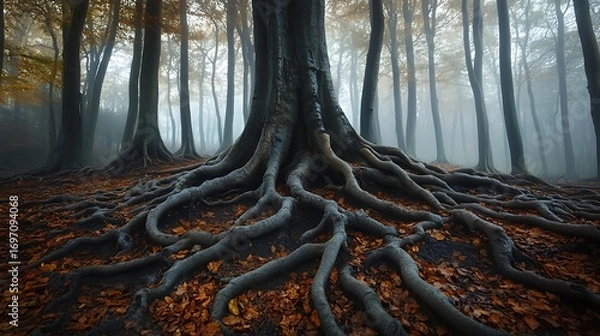 Fototapeta Fog filled woodland with towering trees roots high resolution picture