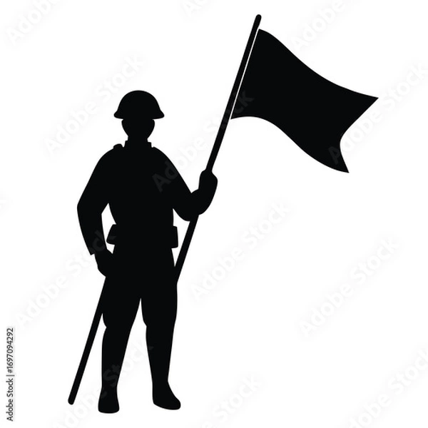 Fototapeta Silhouette of a soldier with a flag on a white background military holding