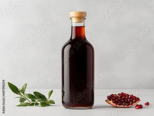 Fototapeta Pomegranate Molasses Bottle From Iran With Natural Elements