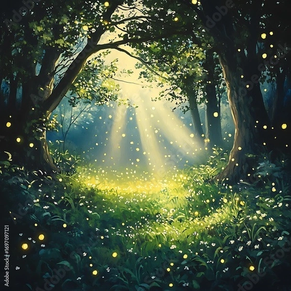 Fototapeta Forest pathway glowing with fireflies light high resolution picture