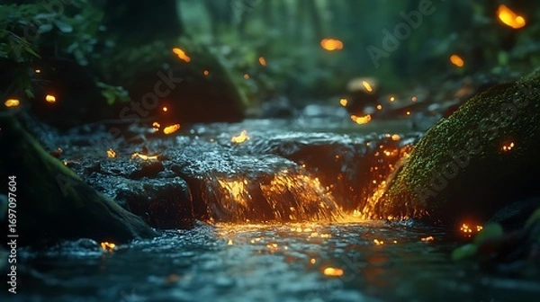 Fototapeta Forest stream sparkling with golden fireflies high resolution picture