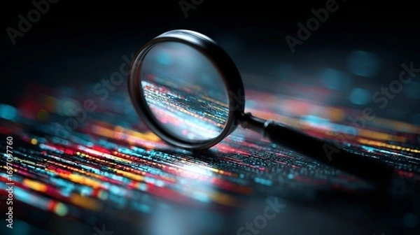 Fototapeta Dive into the details with this striking magnifying glass revealing vibrant data streams, perfect for tech, innovation, and research projects