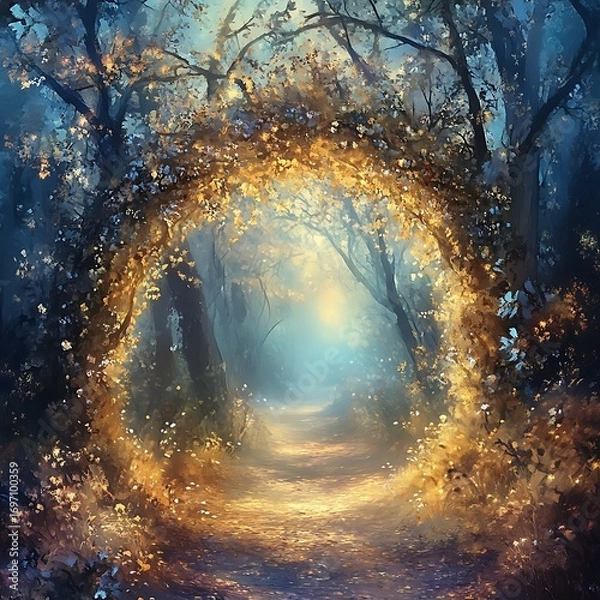 Fototapeta Glowing woodland tunnel filled with sparkles high resolution picture