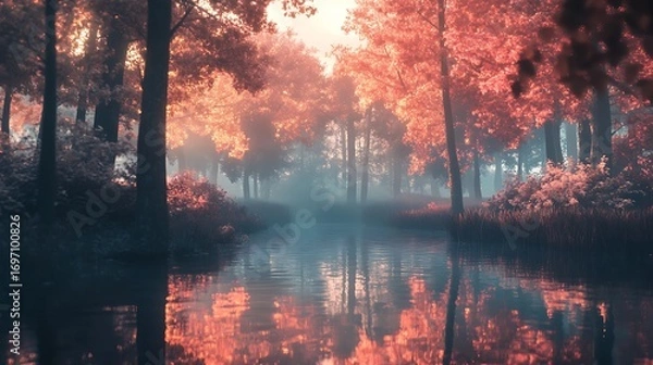 Fototapeta Golden fall foliage shining with water reflection high resolution picture