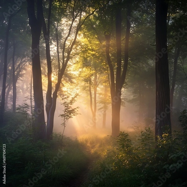 Fototapeta Golden sunlight streaming through misty forest high resolution picture
