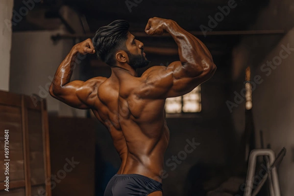 Fototapeta A dedicated indian bodybuilder displays his well-defined muscles in a dimly lit indoor gym, emphasizing strength and fitness during an afternoon workout. Generative AI.