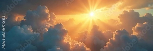 Fototapeta Golden sunbeams piercing through gaps in fluffy clouds, illuminating a serene landscape A breathtaking display of natural light and shadow play , picturesque, outdoor