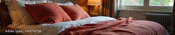 Fototapeta Cozy blankets piled high on a motel bed, soft lighting, inviting atmosphere for a restful stay A sense of warmth and comfort is conveyed , lodging, clean, hotel