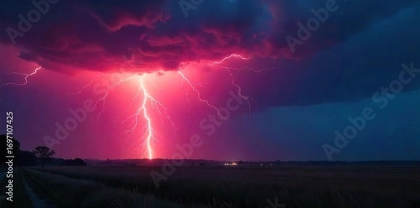 Fototapeta Intense bulb of lightning striking the ground during a powerful thunderstorm, illuminating the dark landscape A dramatic display of nature's raw power , meteorological, bolt, texture