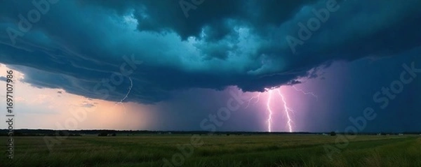 Fototapeta Dramatic dark clouds build ominously, heavy rain pouring down, lightning flashing in the distance, a powerful thunderstorm brewing over a vast landscape , weather, rainfall