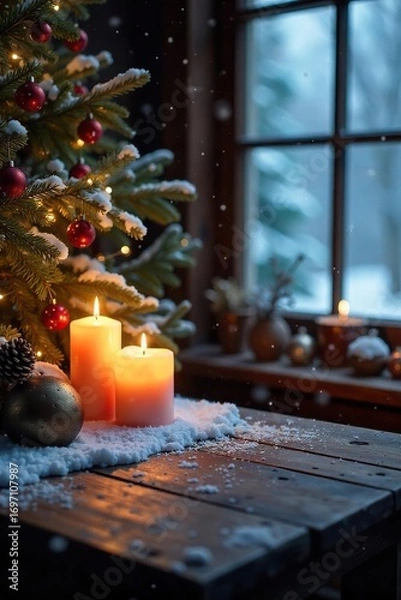 Fototapeta Cozy winter scene with flickering candlelight illuminating snow-covered branches and a rustic wooden table Perfect for holiday or winter themes , cozy, night, snow