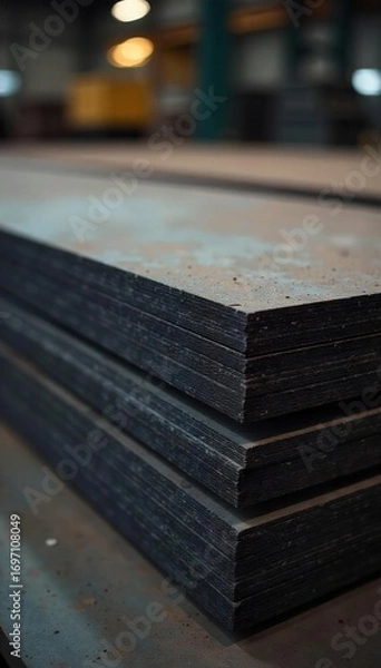 Fototapeta Stack of raw, unfinished steel sheets; cold-rolled, ready for processing and manufacturing  Industrial, metallic texture, blank surface, perfect for design and fabrication  , metal sheet, workshop