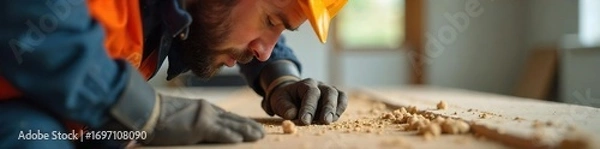 Fototapeta Close-up shot of a contractor meticulously focusing on intricate detail during a home renovation, highlighting precision and craftsmanship ,  project,  work
