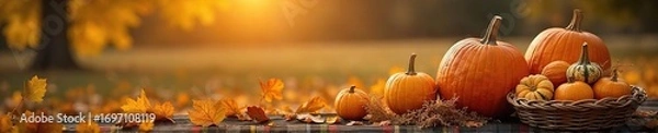 Fototapeta Golden hour sunlight bathes a bountiful autumn harvest, pumpkins, gourds, and corn stalks overflowing from woven baskets  A rustic autumnal scene perfect for fall themes ,  field,  halloween