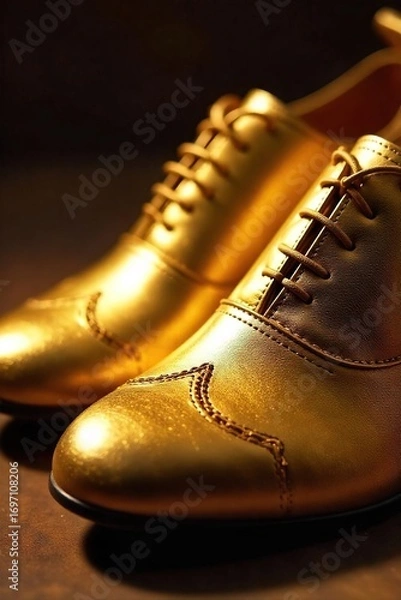 Fototapeta Close-up shot of shimmering golden soles of elegant shoes, reflecting light, luxurious texture, detail of craftsmanship , style shoes, gold, high-end