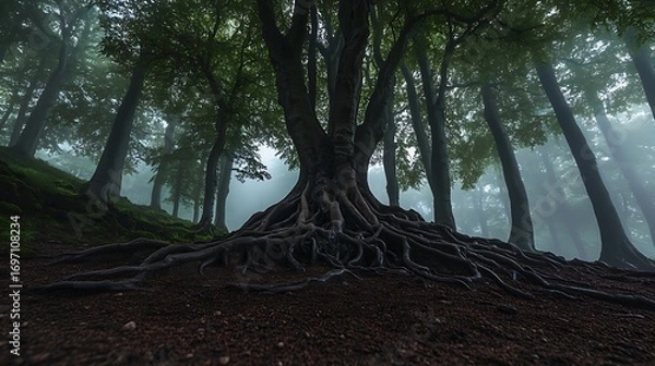Fototapeta Haunting forest landscape with twisting tree roots high resolution picture