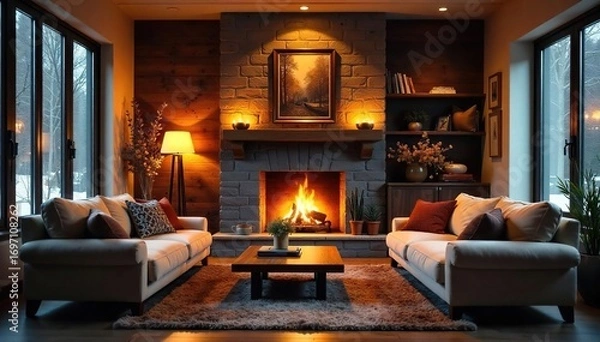 Fototapeta Cozy living room with a fireplace, warm lighting, and comfortable furniture, creating a relaxed and inviting atmosphere perfect for autumn or winter , fireplace mantel, room, warm