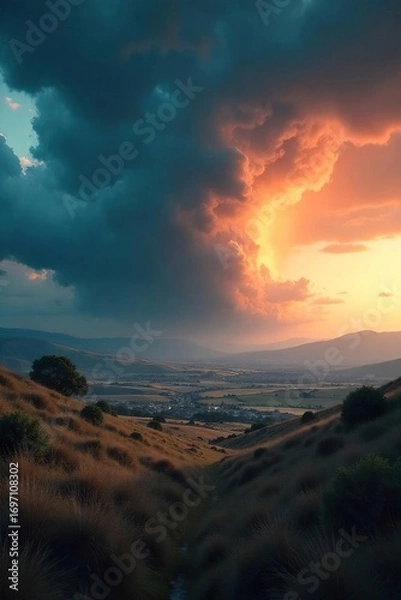 Fototapeta Dramatic stormy sky over a vast, rolling landscape Perfect for illustrating weather extremes, environmental themes, or apocalyptic scenes Ideal for film, game, and design projects , wide shot, black