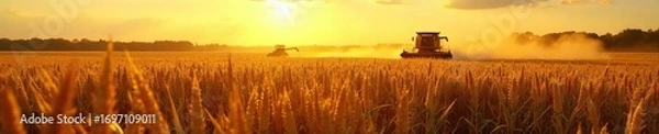 Fototapeta Golden hour sunlight bathes a vast cornfield, stalks heavy with ripe ears ready for harvest Combines work in the distance, creating a picturesque autumnal scene , farming equipment, field