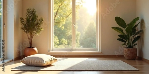 Fototapeta Serene meditation space bathed in soft natural light, featuring a comfortable cushion and calming decor Perfect for mindfulness, yoga, and relaxation , balance, peaceful room