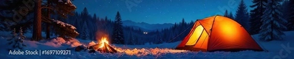 Fototapeta Cozy camping scene at night, warm fire glowing in the foreground, inviting tent in the background under starry sky Perfect for winter camping or cozy nights , exploration, tent, comfortable