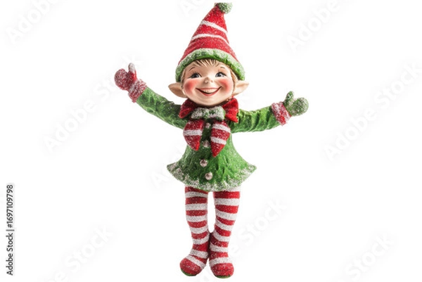 Fototapeta Happy christmas elf dancing and waving isolated on transparent background. Joyful christmas elf figurine wearing a green and red outfit isolated on white background.
