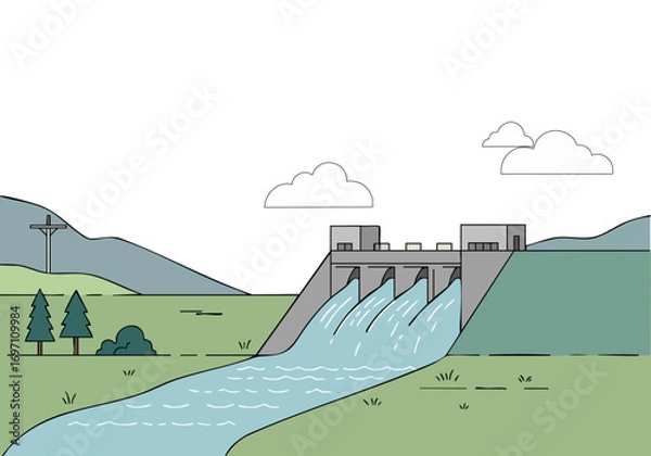 Fototapeta stylized illustration depicts a hydroelectric dam with flowing water The scene showcases a clean modern design with a focus on water flow and power generation