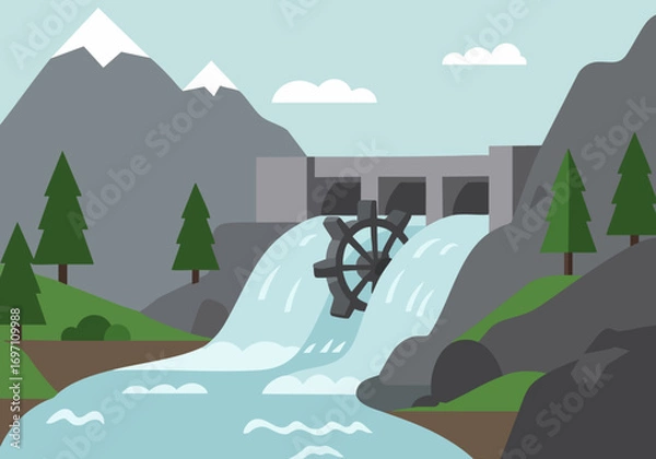 Fototapeta stylized illustration depicts a hydropower dam with a water wheel set against a mountain backdrop It showcases stream energy in a clean modern style ideal for environmental or energy-related visuals